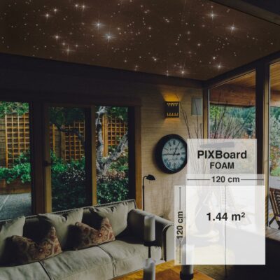 Pixlum LED Sternenhimmel an einer Wohnzimmerdecke montiert mit dem Bausatz PixBOARD FOAM 120 cm x 120 cm