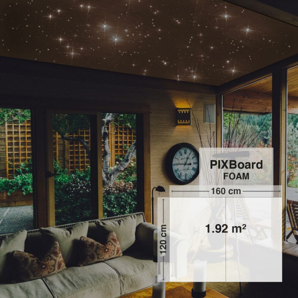 Pixlum LED Sternenhimmel an einer Wohnzimmerdecke montiert mit dem Bausatz PixBOARD FOAM 120 cm x 160 cm
