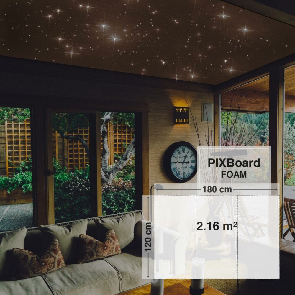 Pixlum LED Sternenhimmel an einer Wohnzimmerdecke montiert mit dem Bausatz PixBOARD FOAM 120 cm x 180 cm