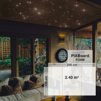 Pixlum LED Sternenhimmel an einer Wohnzimmerdecke montiert mit dem Bausatz PixBOARD FOAM 120 cm x 200 cm