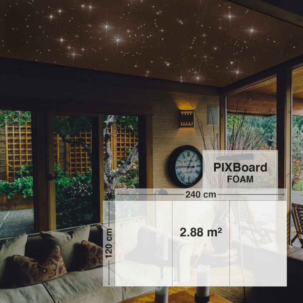 Pixlum LED Sternenhimmel an einer Wohnzimmerdecke montiert mit dem Bausatz PixBOARD FOAM 120 cm x 240 cm