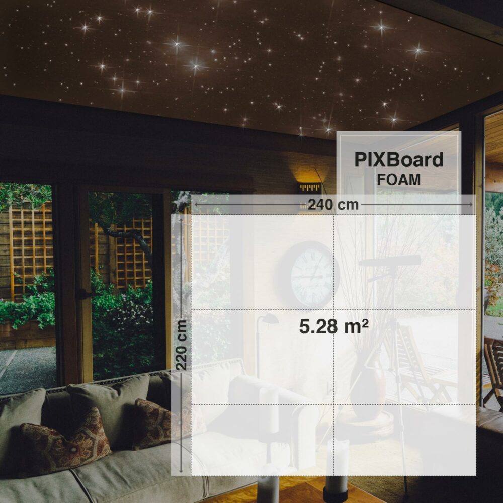 Pixlum LED Sternenhimmel an einer Wohnzimmerdecke montiert mit dem Bausatz PixBOARD FOAM 220 cm x 240 cm